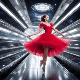 The space station hummed with a rhythmic pulse, a symphony of futuristic technology intermingled with the whispers of cosmic mysteries. On the escalator of the bustling station, a vision of elegance descended gracefully. She was a ballerina in a red frilly dress, her movements fluid and hypnotic, like a dance choreographed by the stars themselves.