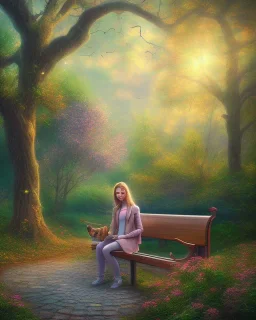 park mystical dream, park bench, man, woman, child, dog, trees, path, bird, sunshine, mystical, fantasy, romanticism, pastel colors, daylight, daytime, acrylic painting, detailed, soft focus,