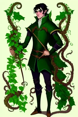 young half-Elf nobleman with green thumbs and 2 vine-like tentacles with black hair and green eyes and green thumbs with claws in the style of Beresford Egan