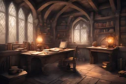 fantasy medieval study room with a desk