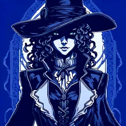 Disdainful curly haired dark skinned Lady Maria from Bloodborne in blue pixel art