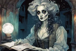 create an imaginative drawing of the pale translucent ghost of an aged Parisian gypsy female fortuneteller, clothed in tattered and ragged, ornate Napoleonic period dress, with finely detailed hair and feminine facial features, in the otherworldly shadows of the Paris catacombs, tarot cards and books scattered about, in the comic book art style of Bill Sienkiewicz, Mike Mignola, and Jean Giraud Moebius, finely textured, drawn, colored, and inked