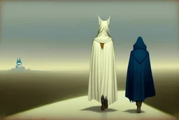 two people in capes and hoods seen from behind walking side by side in an empty foggy plain, above there is blue sky by artist "Leonora Carrington",by artist "Christian Schloe"