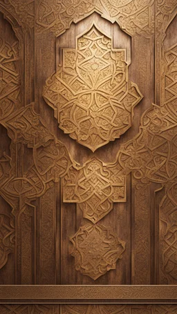 Hyper Realistic Bright-Glowing-Golden-Islamic-architecture-pattern on rustic-brown-rustic wall