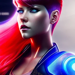 Katheryn Winnick, Cyborg anime warrior, cyberpunk, light red blue short hair, pixie hairstyle, cobalt eyes, waist up portrait, 8k resolution, retroanime, intricate details, neon details, soft lighting, vibrant colors, masterpiece, intricate eyeliner, dark eyeshadow, eyes, intricate tattoos, gradient background