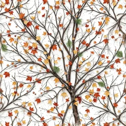 detailed Real Tree Camouflage made of bare bush branches, fir branches, dried maple leaves, snow and dirt, white background, seamless repeatable texture camo pattern
