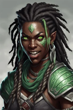 dungeons and dragons character portrait of a shifter female warrior with black skin, dreadlocks, big fangs and green eyes.