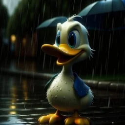 Ultra high definition picture quality, mischievous, Donald Duck, outside in the rain storm, textured painterly.