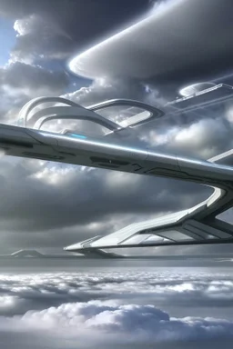 an idea is created of a bridge which has white clouds, in the style of futuristic digital art, grid formations, hall of mirrors, black and gray, photorealistic fantasies, multilayered dimensions, frontal perspective