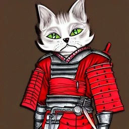 Personnage détaillé, chat, anthropomorphique, habillé comme un samurai, armure très détaillé, rouge, argent.