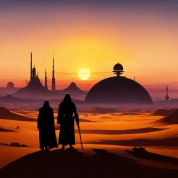 [silhouette, back lighting: star wars] the iconic skyline of Tatooine at sunset