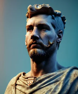 Gran angular, Realistic image, roman sculpture buste, marble deluxe material, Lionel Messi, gold Laurel wreath model, miguel angel style, emperador, God light, god rays, 4k resolution, smooth details, ornate details, soft lighting, unreal engine 5, soft cyan background.