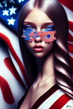 girl, cute, beautiful, American flag dress, long hair, digital art, close up, portrait