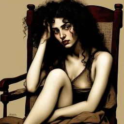 Breathtaking arab 30 years old woman with pale skin she is sitting on an old chair and has a tiny tanktop from the waist up, she has long black curly hair, petite figure, wide hips, prominent nose, thick lips, she has just been slapped around, by Egon Schiele, gustave dore, david mann, retro vintage style, hd photography, hyperrealism, graphite pencil drawing, realistic, natural, b&w illustration, fine art, beautiful watercolor painting, realistic, detailed, by olga shvartsur, svetlana novikova