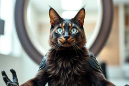 full body portrait of shiny yoga cat crow air captain racer semi transparent hypnotic kind eyes in front of mirror