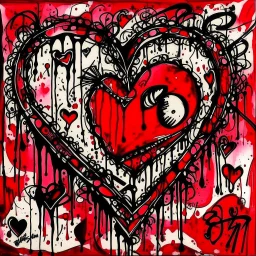 Valentine's Day heart, dramatic Ink illustration by Jonathan Meese, emo, romantic horror, expressionism, saturated crimson colors