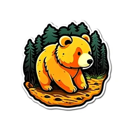 Sticker design on white background, Teddybear walking in a forest, in Don Bluth style, ambient light, high details, photorealistic