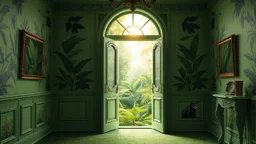 Imagine a rococo-style room in green tones with the walls decorated with paintings of jungle plant and animal motifs, through a half-open door you can see the jungle, and through a window through which a halo of light enters, a panther peeks out.