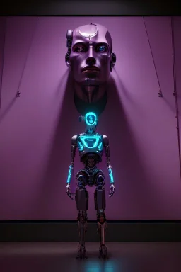 a cyborg watching a mural in a museum art gallery, purple shining lights, octane render, detailed