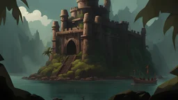 A big military fort with palisades of fantasy vampire soldiers, built at a shore in a jungle. The fort consists of a central citadel and outstretching areas of buildings, training areas and fortifications.