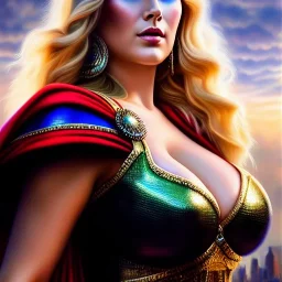 Ultra detailed fullbody Portrait in oil on canvas of beautiful busty Female THor,intense stare,extremely detailed digital painting, extremely detailed face,crystal clear Big eyes, mystical colors ,perfectly centered image, perfect composition, rim light, beautiful lighting,masterpiece,8k, stunning scene, raytracing, anatomically correct, in the style of robert e howard and Ken Kelley and Ohrai Noriyoshi and Simon Bisley and tomzj1