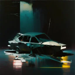 Minimal abstract oil paintings car andconcrete fragments illuminated at night style of Justin Mortimer