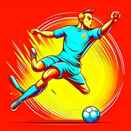 Futbolista pateando un balón con muchísima fuerza arte cartoon