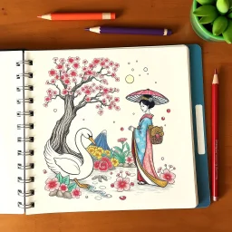 rich color pencil hand doodle sketch on a spiral binder notebook page, Japanese garden with a swan and cherry tree and Geisha, in the style of Don Hertzfeldt and Jon Carling and David Welker, incredible busy doodle world