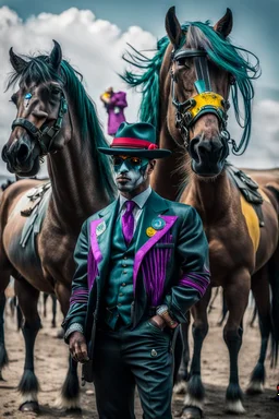 close up on full figure hi tech colombian cyber punk mafia on sicilia with some joker wild horses