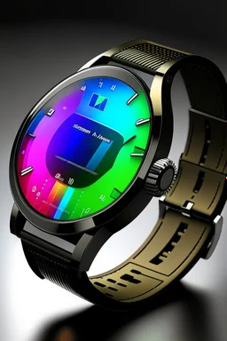 "Design an image featuring a high-tech smartwatch with a holographic display that projects a beautiful, ever-changing rainbow."
