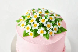 A beautifully decorated cake with pink frosting and an array of meticulously crafted white flowers with yellow centers on top. The flowers are surrounded by green leaves, creating a vibrant and appealing presentation against a light background.on white background
