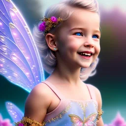 enlighten, light pink colors, the whole body of a beautifull CHILD with happy smiling blond bright fairy with wings, blue eyes , crystals, blue gold dress, blue sky, flowers landscape all colors trees pink, , water river . 8 K, fantasy