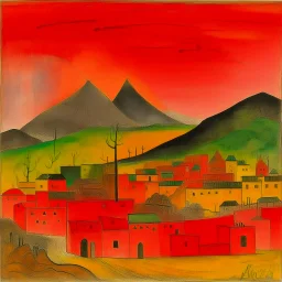 A red town near a fiery volcano painted by Paul Klee