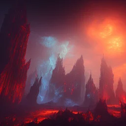 dynamic lighting, Intricately detailed, deep color, Unreal Engine, volumetric lighting, Hell landscape, Hell concept art, Hell fantasy artwork, nightsky, blue, black, nebulae, fields, abandoned buildings, ruins,