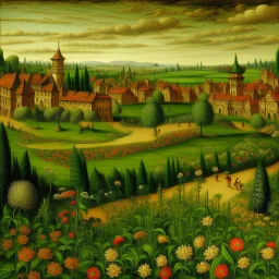 A green grassy town with flowers painted by Leonardo da Vinci
