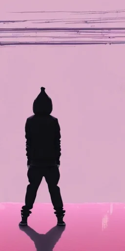A guy looking at the sky. On a pink street. Everythink is pink. Black Oversize nike sweatsuit.