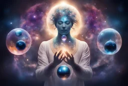 kundalini, connected to the universe, few colours of galaxy, holding galaxies in few hands in glass balls, I first ball ocena, second ball trees, third universe,