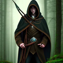 Male, Dark hair, Digital Art, Bow in hand, Hooded Cloak, Dark Forrest background