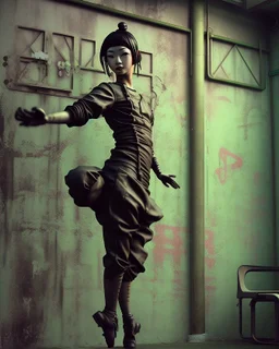 an arafed graffiti japanese dancer on the wall of a building, rolands zilvinskis 3d render art, dystopian grunge, trending on unsplash, steam punk grafitti, hyper realistic digital art, sticker art, disco elysium style, pexels, neoexpressionist, behance art, gritty background, solarpunk, oilpunk, unsplash transparent, to be or not to be, scrap metal on workbenches, infinite regression, interconnected human lifeforms, symbolic mural, album cover artwork, (((heavy whimsical))) vibes