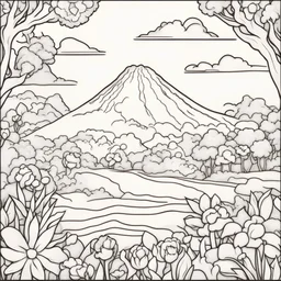 coloring page of A Volcano with flowers behind ,line art landscape,stone,cute flowers,cute trees, much details, dark outlines,vector --ar 2:3