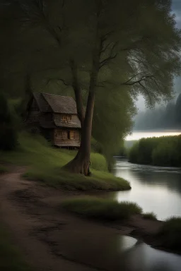 image related to house in the wood by a river bank. Tree on the riv