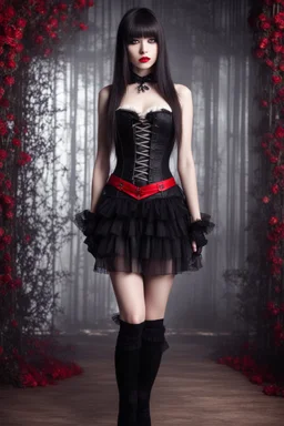 Full-body shot, of slender emo woman, standing, long straight brunette hair with bangs, fair skin, red lips, slender, short skirt, corset, stockings. fantasy background