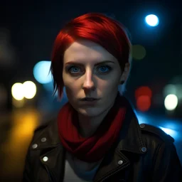 Portrait of a young caucasian woman with dark red pixie hair and blue eyes, wearing a red scarf and a black leather jacket, with a threatening look in a city at night