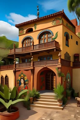 edificio con tematica de frida kalho de estilo mexicano frente al mar utiliza arcos de medio punto y columnas con cantera utiliza puertas de madera en color nogal, hazlo tipo hacienda, con concreto en color blanco, agrega dos niveles mas, coloca bugambilias en las terrazas exteriores, agrega murales de frida kalho hazlo realista y agrega personas americanas a la imagen