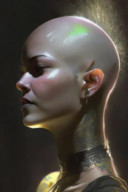 Her shaved head had the dark fuzz of new growth making her appear is if she were glowing with some inner light born of shadows.