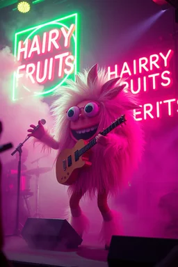 An big "Hairy Fruit" performing at dance club, his name is "Harry" HAIRY FRUITS EVERYWERE On stage, Green Neon lights and smog, "HAIRY FRUITS" big sign on the wall