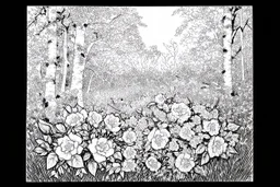 black and white line sketch of wild roses in the woods