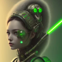 A beautiful portrait of a single minded cute cyberpunk woman, wolf haircut lime green color scheme, high key lighting, volumetric light high details with a lizard like alien with feathers. 3/4 torso. Portrait with a light saber and single solid chestplate