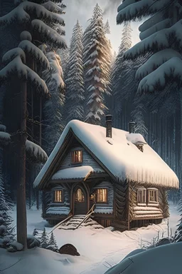 A cottage in the middle of a wood and on the roof is carved "The portal in the big woods"and it is winter and a snowmobile is beside the cottage