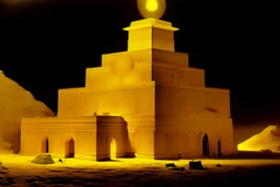 A yellow fortress with glowing halos designed in ancient Egyptian hieroglyphics painted by Lyonel Charles Feininger